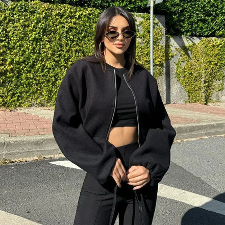 MUJER Black Bomber Jackets for Women Zipper Varsity Jackets Women Soft Cropped Jackets Woman 2025 Long Sleeve Winter Coat Female