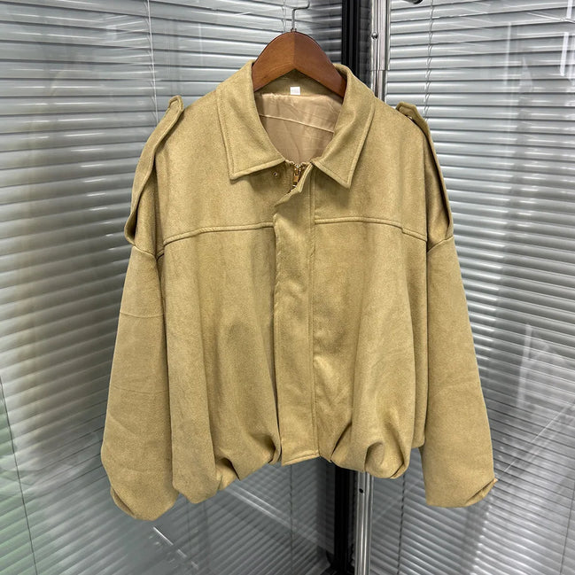 Women's Suede Jacket Outerwear Pilots Style Zipper Closure Medium Thickness Loose Fit Street Style Pure Color Casual Coat