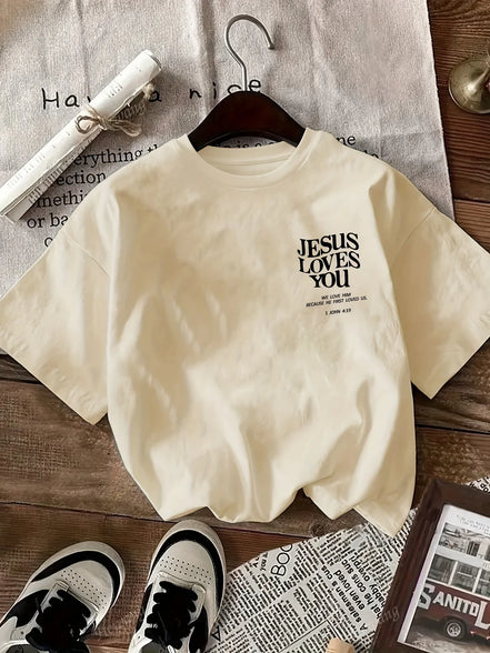 2026 New Women's Round Neck Letter Print Fashion Short Sleeve Casual T-Shirt, "Jesus Loves You" Round Neck Short Sleeve Tee