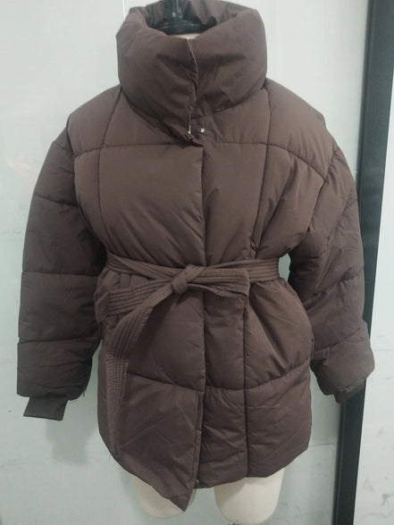 Women Solid Thicken Cotton Jacket Casual Stand Collar Zipper Long Sleeve Lace Up Loose Warm Coat Winter Lady Daily Street Coats