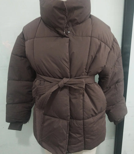Women Solid Thicken Cotton Jacket Casual Stand Collar Zipper Long Sleeve Lace Up Loose Warm Coat Winter Lady Daily Street Coats