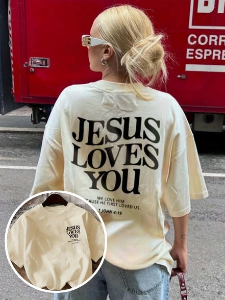 2026 New Women's Round Neck Letter Print Fashion Short Sleeve Casual T-Shirt, "Jesus Loves You" Round Neck Short Sleeve Tee