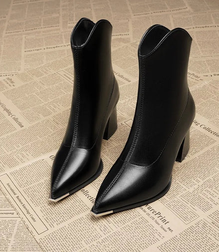Women Leather Boots Luxury Pointed Brand Toe Chelsea Ankle Boots Trendy High Heels Zipper Goth Pumps Shoes French Women's Boots