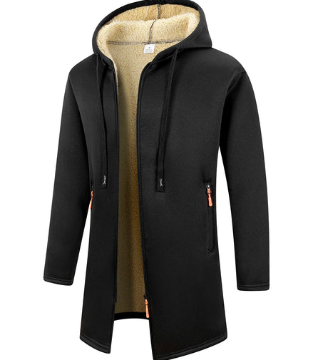 Men's Winter Warm Long Coat Zipper Jacket Zip Windbreaker Thick Fleece Windproof Overcoat Casual Contrast Color Hooded Jacket
