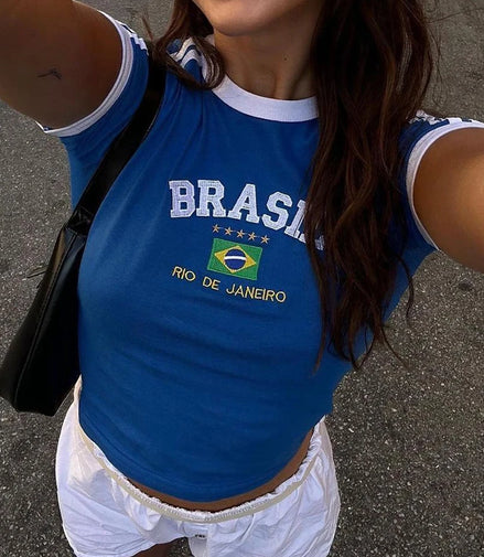 2023 Summer T-shirt For Women Brazil Letter Aesthetic 90's Crop Tops Casual Short Sleeve Tee Kpop Streetwear Vintage Y2k Clothes