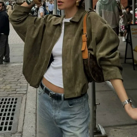 Retro Style Suede Jacket Zipper Collar Outerwear for Women Medium Thickness Long Sleeve Street Fashion Loose Fit Autumn Winter