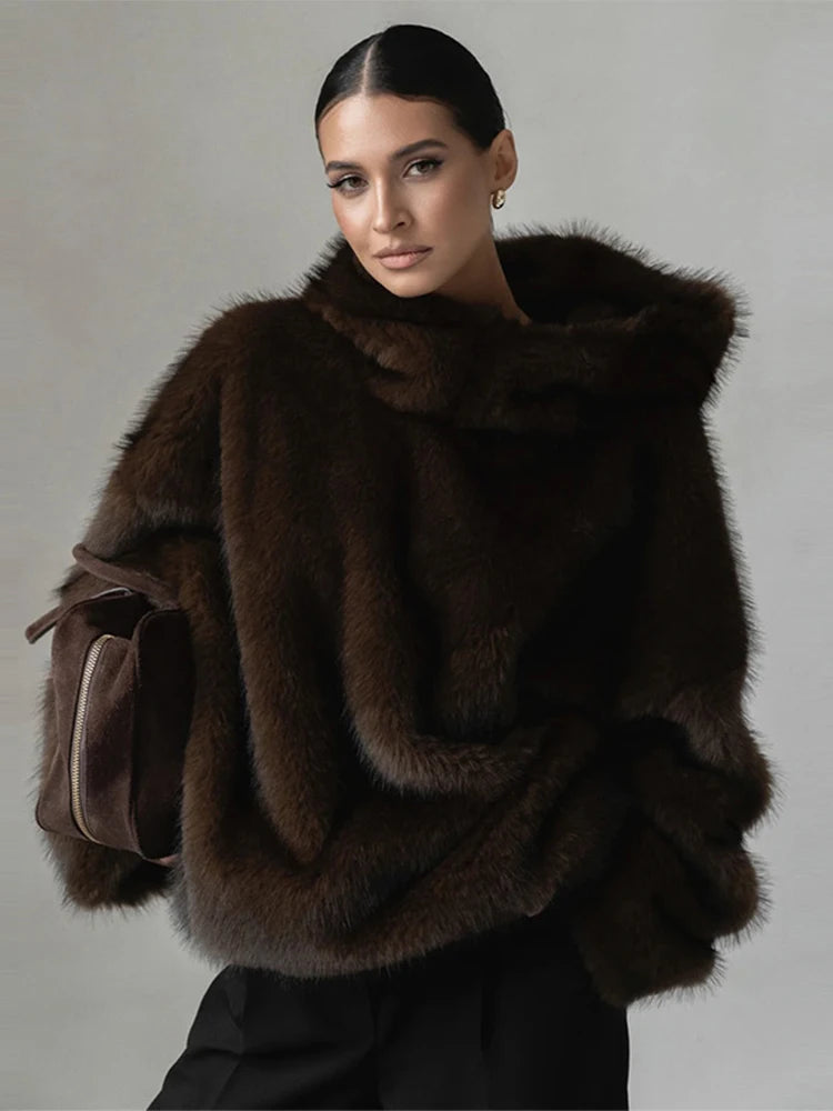 Women's Brown Faux Fur Coat With Hood Oversized Luxurious Long Sleeve Pocket Jacket Lady 2025 Fall Winter Chic Street Outerwear