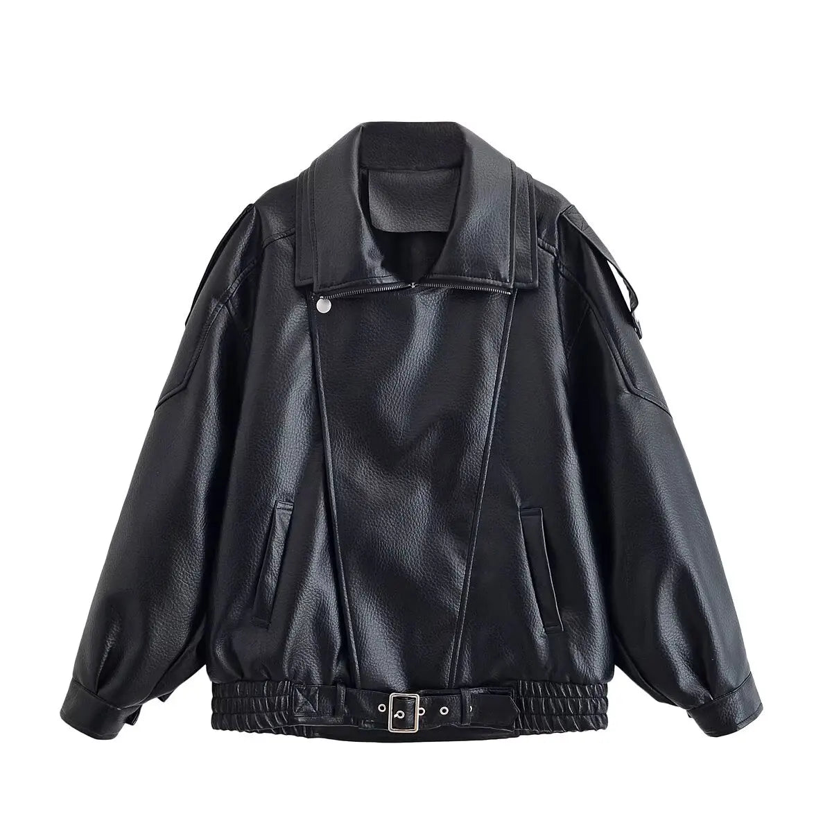 HH Autumn Faux Leather Jacket For Women Casual Solid Long Sleeve Zipper Pu Leather Coats New Fashion Female Streetwear