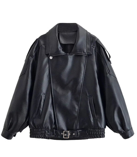 HH Autumn Faux Leather Jacket For Women Casual Solid Long Sleeve Zipper Pu Leather Coats New Fashion Female Streetwear