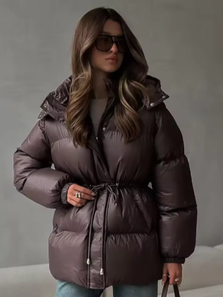 Women Solid Thicken Cotton Jacket Casual Stand Collar Zipper Long Sleeve Lace Up Loose Warm Coat Winter Lady Daily Street Coats