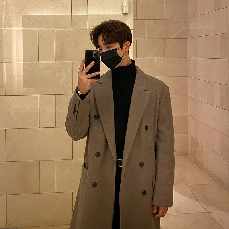Men's Long Woolen Coat Winter Thickened Overcoat Double Breasted Casual Trendy Floor-Length Windbreaker Korean Style