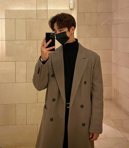 Men's Long Woolen Coat Winter Thickened Overcoat Double Breasted Casual Trendy Floor-Length Windbreaker Korean Style