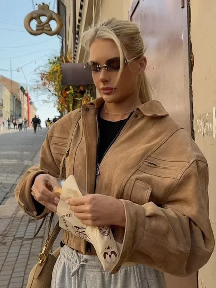 Retro Brown Suede Lapel Zippered Short Jackets Women's Casual Full Sleeves Pocket Loose Coats 2026 Spring Daily Commute Outwear