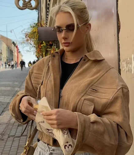 Retro Brown Suede Lapel Zippered Short Jackets Women's Casual Full Sleeves Pocket Loose Coats 2026 Spring Daily Commute Outwear