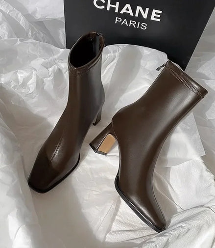 Vintage Warm Cotton Women Ankle Boots Fashion Elegant Square Toe Shoes Autumn Winter Thick Heel Women's Short Booties