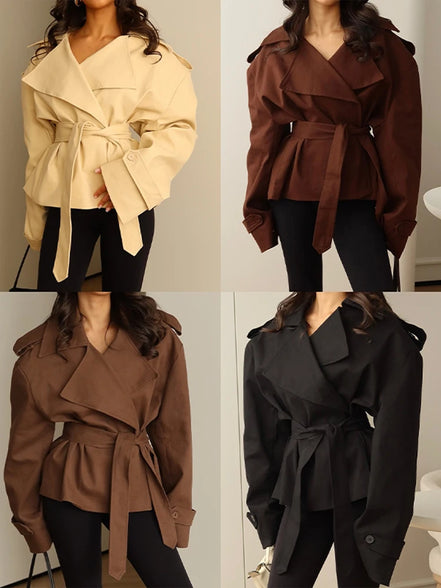 Belted Waist Cropped Trench Double Breasted Stand Collar 2025 Autumn Chic Elegant Women Coat Casual Vintage Office Lady Jacket
