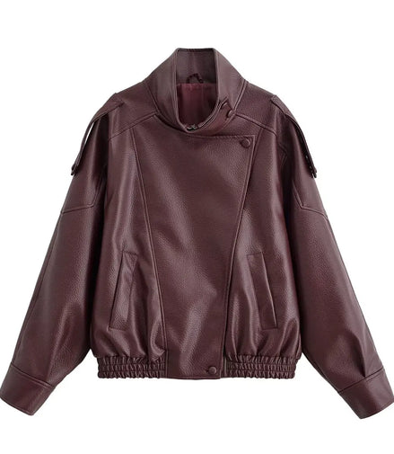 HH Autumn Faux Leather Jacket For Women Casual Solid Long Sleeve Zipper Pu Leather Coats New Fashion Female Streetwear