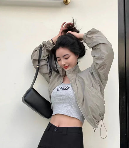 2024 Autumn Vintage Women's Windbreaker Cropped Jackets Harajuku Oversized Streetwear Long Sleeve Fashion Female Elegant Top