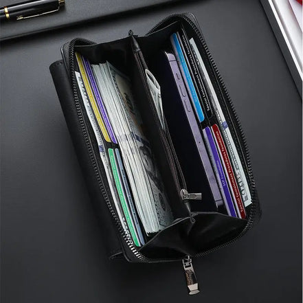 Luxury PU Wallet with Long Zipper for Men and Women; Multi-Card Slots, Coin Pocket, Phone Bag and Business Style Purse.