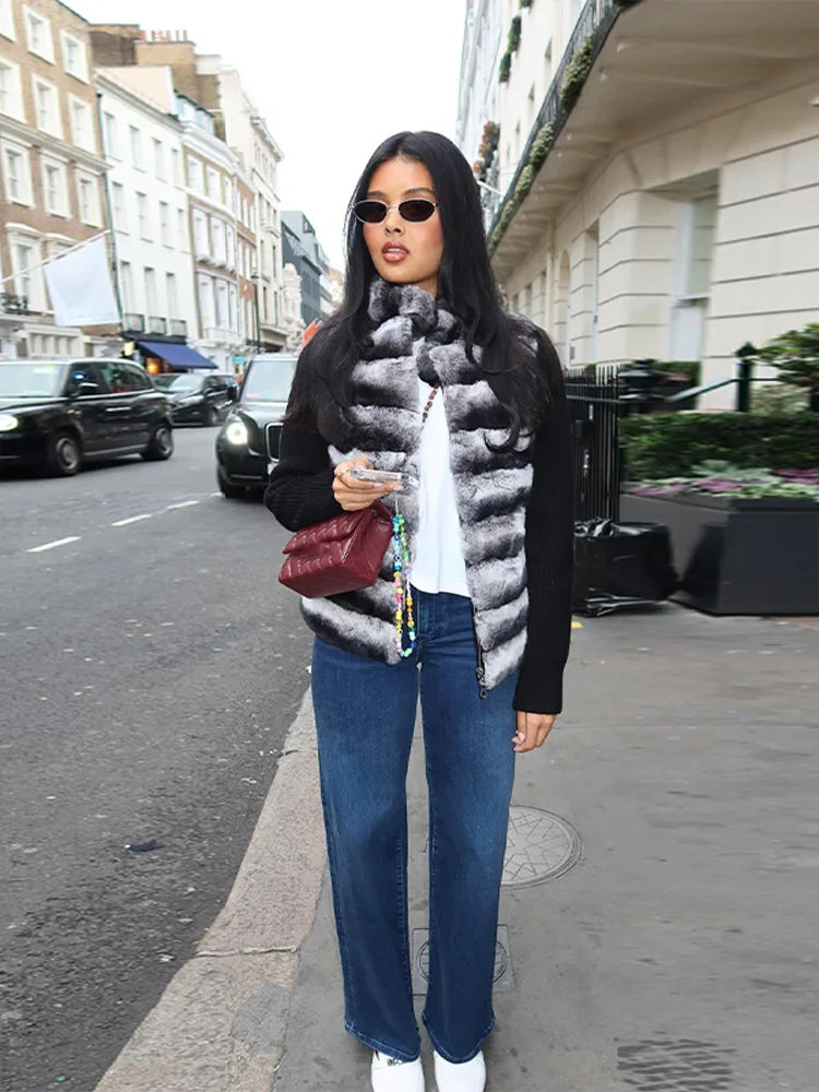 Knit Long Sleeve Faux Fur Patchwork Jacket Coat Women Zipper 2025 Winter Fashion Warm Female Cardigans Commute Lady Outwear Tops