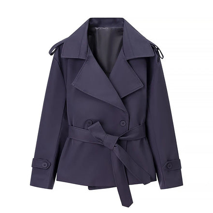 Belted Waist Cropped Trench Double Breasted Stand Collar 2025 Autumn Chic Elegant Women Coat Casual Vintage Office Lady Jacket
