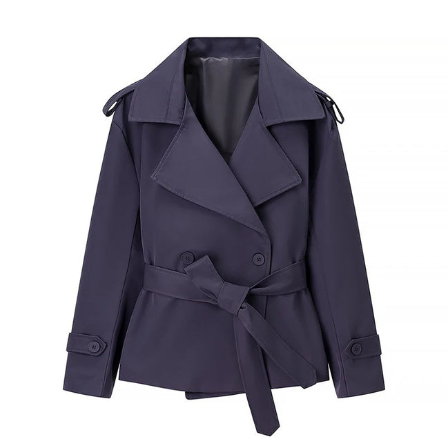 Belted Waist Cropped Trench Double Breasted Stand Collar 2025 Autumn Chic Elegant Women Coat Casual Vintage Office Lady Jacket