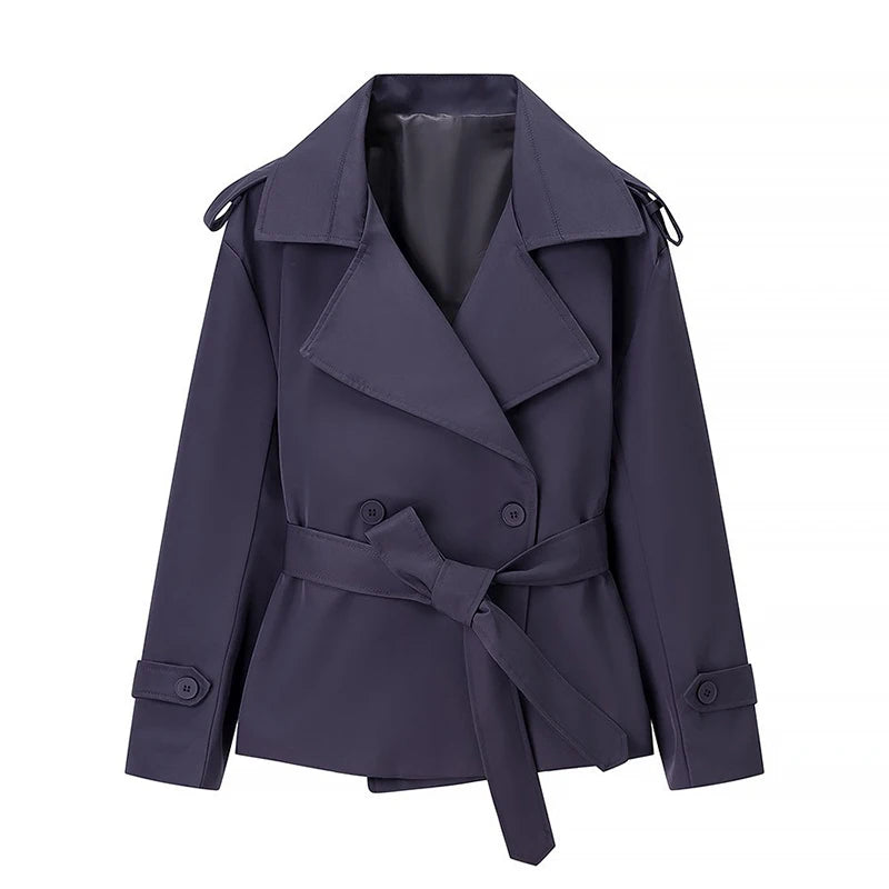 Belted Waist Cropped Trench Double Breasted Stand Collar 2025 Autumn Chic Elegant Women Coat Casual Vintage Office Lady Jacket