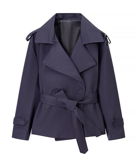 Belted Waist Cropped Trench Double Breasted Stand Collar 2025 Autumn Chic Elegant Women Coat Casual Vintage Office Lady Jacket