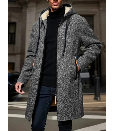 Men's Winter Warm Long Coat Zipper Jacket Zip Windbreaker Thick Fleece Windproof Overcoat Casual Contrast Color Hooded Jacket