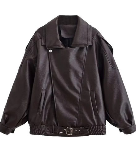 HH Autumn Faux Leather Jacket For Women Casual Solid Long Sleeve Zipper Pu Leather Coats New Fashion Female Streetwear