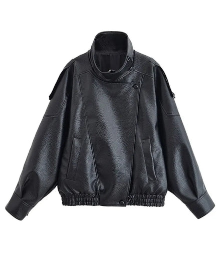 HH Autumn Faux Leather Jacket For Women Casual Solid Long Sleeve Zipper Pu Leather Coats New Fashion Female Streetwear