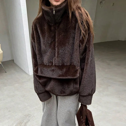 Women's Brown Faux Fur Coat With Hood Oversized Luxurious Long Sleeve Pocket Jacket Lady 2025 Fall Winter Chic Street Outerwear