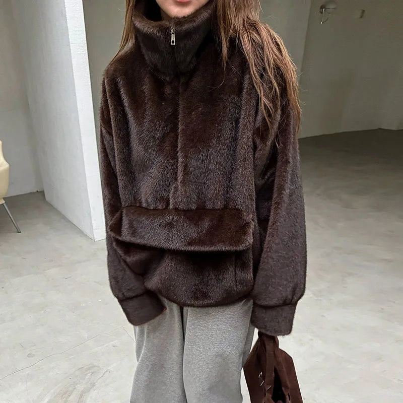Women's Brown Faux Fur Coat With Hood Oversized Luxurious Long Sleeve Pocket Jacket Lady 2025 Fall Winter Chic Street Outerwear