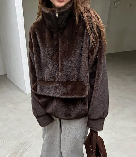 Women's Brown Faux Fur Coat With Hood Oversized Luxurious Long Sleeve Pocket Jacket Lady 2025 Fall Winter Chic Street Outerwear