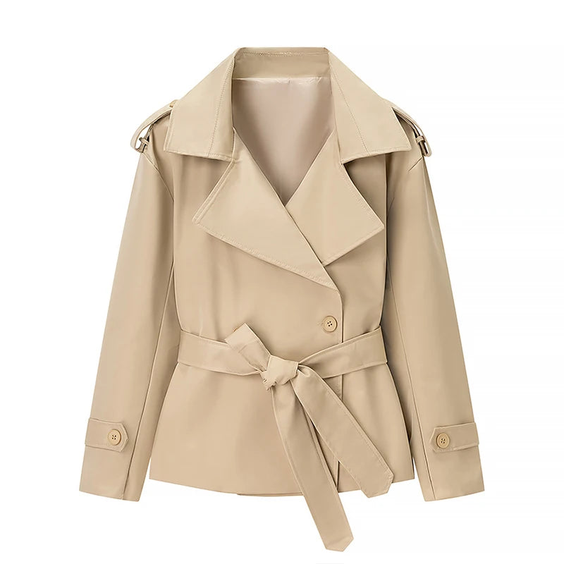Belted Waist Cropped Trench Double Breasted Stand Collar 2025 Autumn Chic Elegant Women Coat Casual Vintage Office Lady Jacket