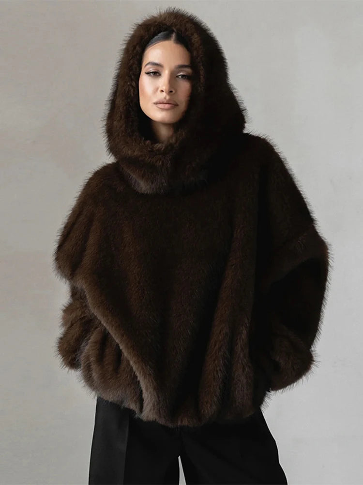 Women's Brown Faux Fur Coat With Hood Oversized Luxurious Long Sleeve Pocket Jacket Lady 2025 Fall Winter Chic Street Outerwear