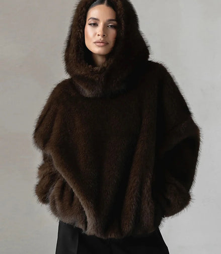 Women's Brown Faux Fur Coat With Hood Oversized Luxurious Long Sleeve Pocket Jacket Lady 2025 Fall Winter Chic Street Outerwear