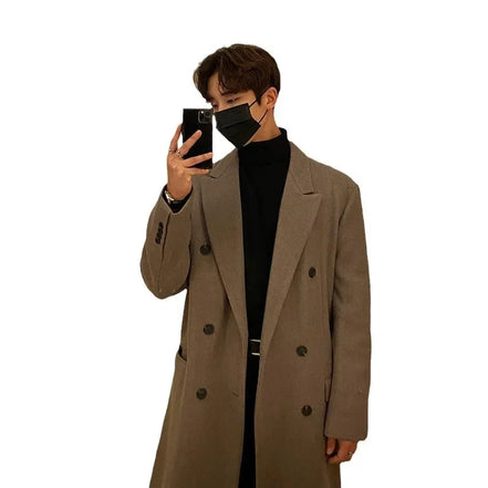 Men's Long Woolen Coat Winter Thickened Overcoat Double Breasted Casual Trendy Floor-Length Windbreaker Korean Style