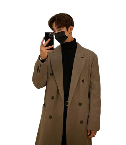 Men's Long Woolen Coat Winter Thickened Overcoat Double Breasted Casual Trendy Floor-Length Windbreaker Korean Style