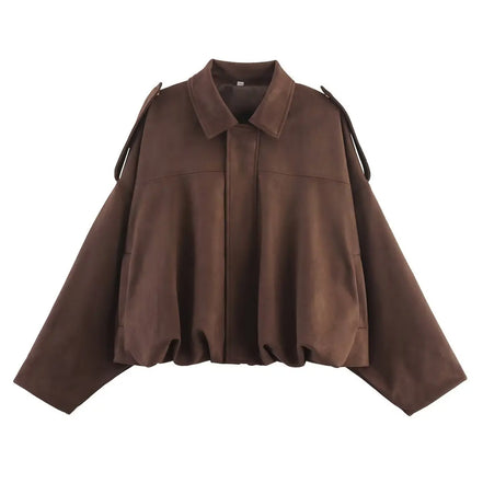 Retro Style Suede Jacket Zipper Collar Outerwear for Women Medium Thickness Long Sleeve Street Fashion Loose Fit Autumn Winter