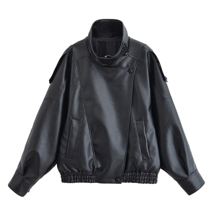HH Women Autumn Fashion Jackets Asymmetric Button Pocket Long Sleeves Black Loose Zipper Jackets Female High Street Coats
