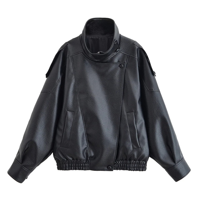 HH Women Autumn Fashion Jackets Asymmetric Button Pocket Long Sleeves Black Loose Zipper Jackets Female High Street Coats