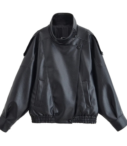 HH Women Autumn Fashion Jackets Asymmetric Button Pocket Long Sleeves Black Loose Zipper Jackets Female High Street Coats