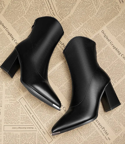 Women Leather Boots Luxury Pointed Brand Toe Chelsea Ankle Boots Trendy High Heels Zipper Goth Pumps Shoes French Women's Boots