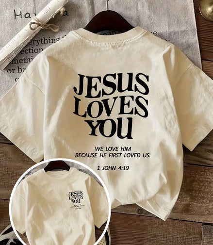 2026 New Women's Round Neck Letter Print Fashion Short Sleeve Casual T-Shirt, "Jesus Loves You" Round Neck Short Sleeve Tee