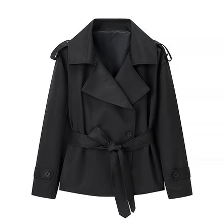 Belted Waist Cropped Trench Double Breasted Stand Collar 2025 Autumn Chic Elegant Women Coat Casual Vintage Office Lady Jacket