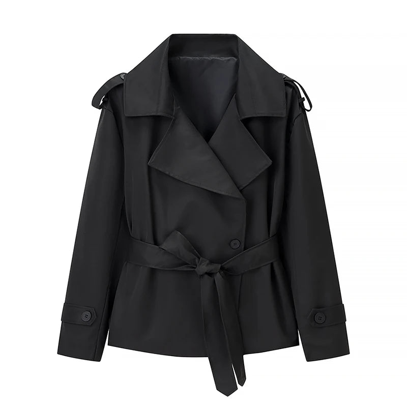 Belted Waist Cropped Trench Double Breasted Stand Collar 2025 Autumn Chic Elegant Women Coat Casual Vintage Office Lady Jacket