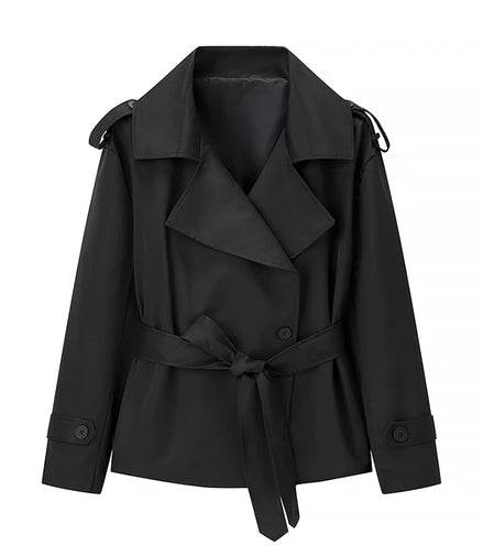Belted Waist Cropped Trench Double Breasted Stand Collar 2025 Autumn Chic Elegant Women Coat Casual Vintage Office Lady Jacket