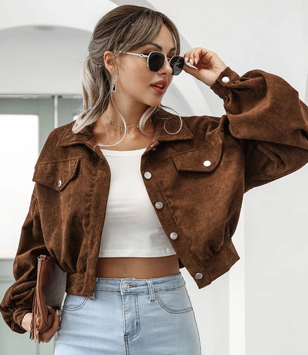 Autumn Cropped Corduroy Jackets Overcoat Single Breasted Lantern Sleeve Coats Women Fashion Vintage Winter Women Jacket 18047
