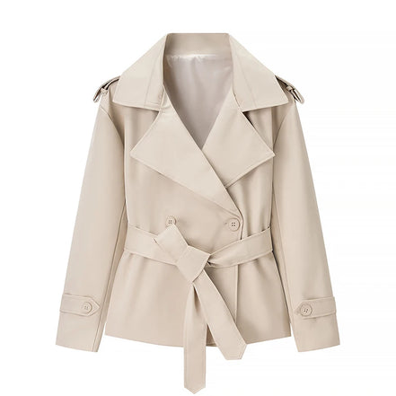 Belted Waist Cropped Trench Double Breasted Stand Collar 2025 Autumn Chic Elegant Women Coat Casual Vintage Office Lady Jacket
